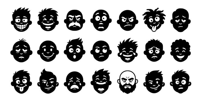 a collection of twenty-one black silhouette male cartoon faces featuring various expressive emotions on white