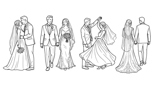 a collection of four black and white line art illustrations of a bride and groom