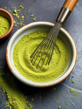 Whisking green matcha powder in a shallow bowl, powder, vector