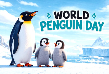 Obraz premium Cute illustration of a family of penguins celebrating world penguin day in icy landscape setting