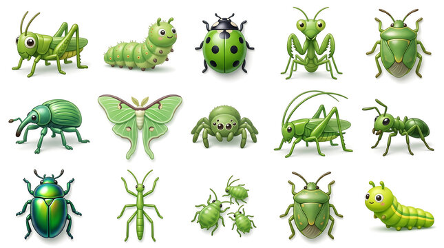 Green insects and bugs vector set. Cute cartoon grasshopper, beetle, ladybug, cicada, caterpillar and spider. 3D isolated bugs illustration. Entomology icons.,