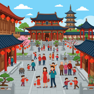 Chinese New Year celebration in traditional temple courtyard with fami