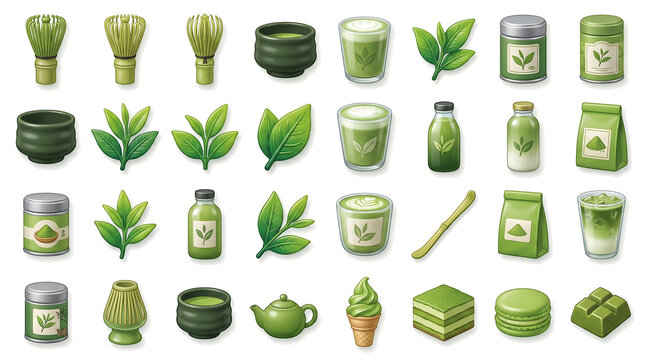 Matcha green tea icon set, 32 Japanese tea ceremony elements. Green tea powder, bamboo whisk, and matcha latte illustrations. Healthy organic beverage icons.