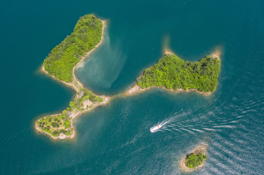 Xiangdao Island Group Aerial View with Boat and Turquoise Lake