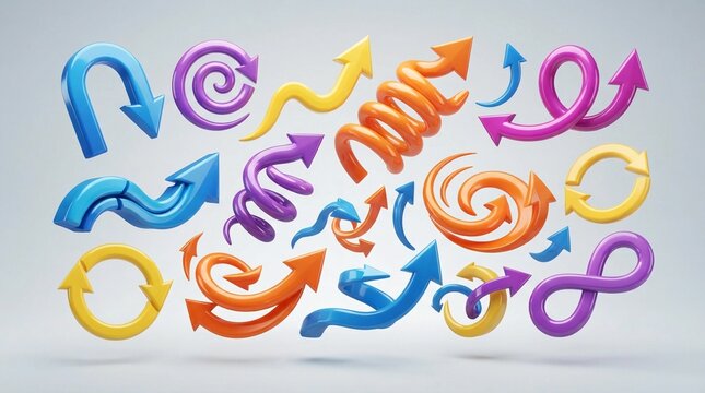 Colorful glossy 3d arrows set featuring various spiral and curved shapes floating against a neutral grey background for modern graphic design and business presentation projects