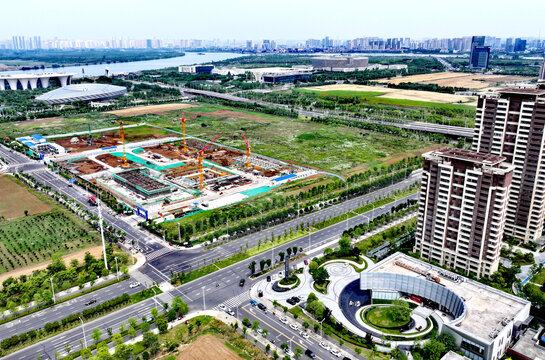 Xiangyang School Construction Project Aerial View with Cranes