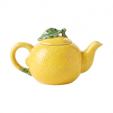 Yellow lemon shaped ceramic teapot isolated on white background
