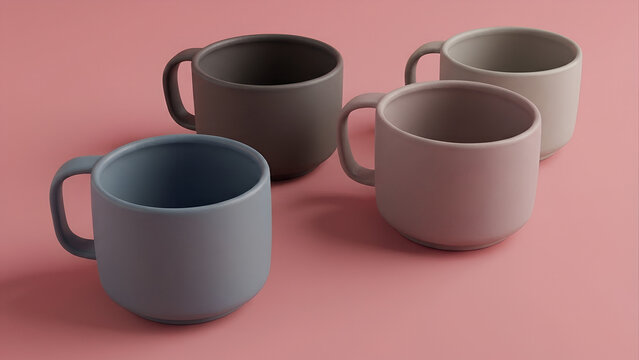 Modern Ceramic Coffee Mugs in Pastel Colors on Pink Background
