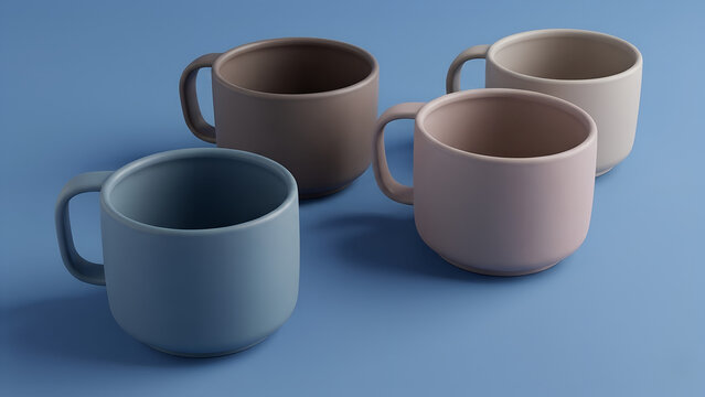 Modern Ceramic Coffee Mugs in Pastel Colors on Blue Background
