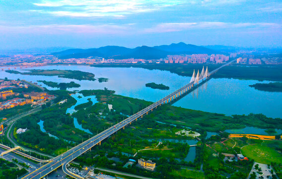 Xiangyang Cable-Stayed Bridge Aerial View at Sunset