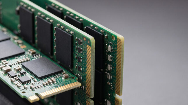 Close up of green computer ram memory modules