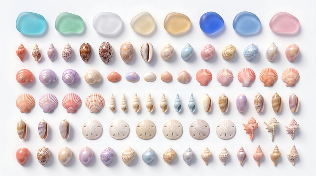 Pastel seashell collection with sea glass, colorful marine shell set on white background, beach treasures and coastal decor elements