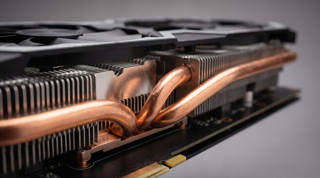 Close up of a graphics card with copper heat pipes and cooling fins