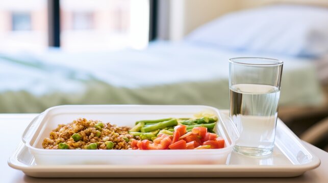 Healthy meal served on a tray beside a glass of water in a room with a bed in the background