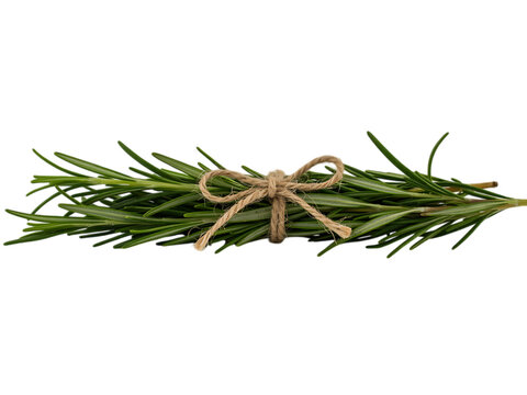 Fresh bundle of green rosemary sprigs tied with natural twine for culinary and aromatic use transparent background