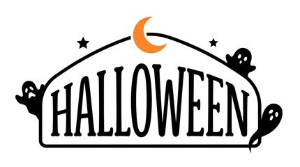 A festive halloween greeting design featuring bold typography with a crescent moon and cute ghosts on white background © NoorJahan