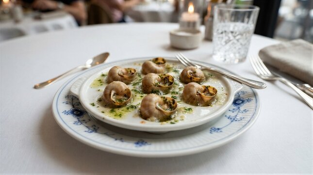 Dish of escargot served on plate at restaurant table setting