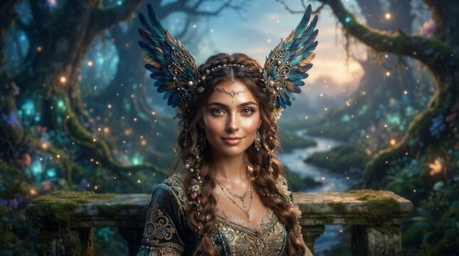 Young woman wearing feathered headdress in enchanted forest