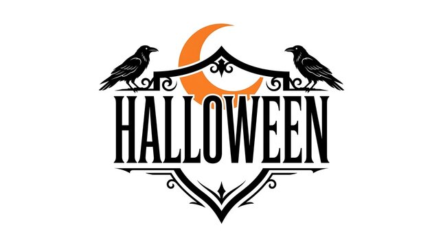 Vintage halloween typography design featuring a crescent moon and two black ravens perched on an ornate decorative frame