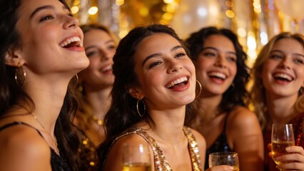 Obraz premium Group of Happy Diverse Women Celebrating New Year Party with Champagne Glasses and Golden Bokeh Lights