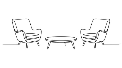 Continuous single line drawing of two armchairs and a coffee table for living room furniture design isolated on a white background Vector, illustration © Sapna Rani