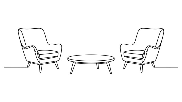 Continuous single line drawing of two armchairs and a coffee table for living room furniture design isolated on a white background Vector, illustration