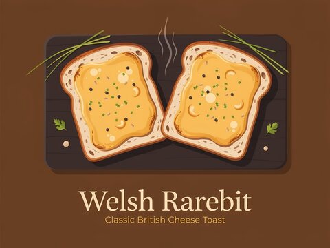 Two slices of welsh rarebit with melted cheese on toasted bread on a wooden board