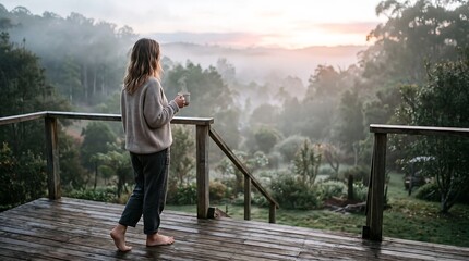 Fototapeta premium A woman in a cozy sweater stands barefoot on a wooden deck, holding a mug and looking at a misty forest valley at dawn. Serene, morning, nature.