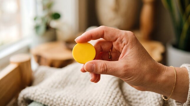 A person's hand holds a small round yellow token between fingers indoors against a blurred background with a knitted blanket, sunlight, coin, circle.