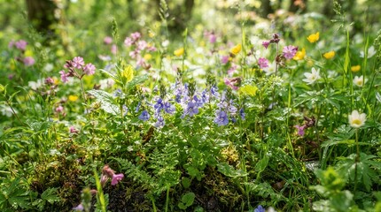 Fototapeta premium Wild flower meadow with mixed blooms in forest clearing