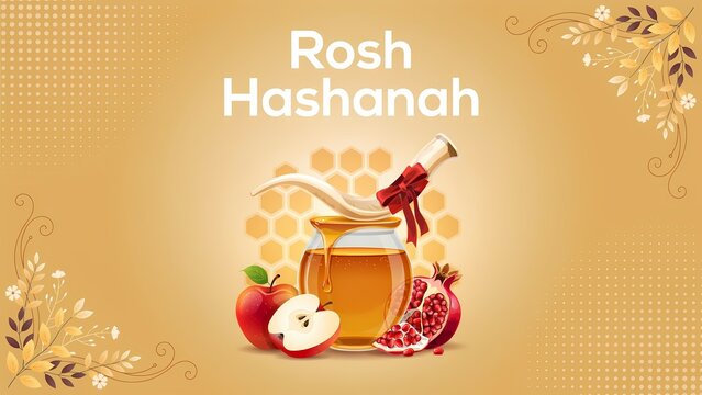 Rosh hashanah greeting card with honey jar apple and pomegranate on a soft beige background