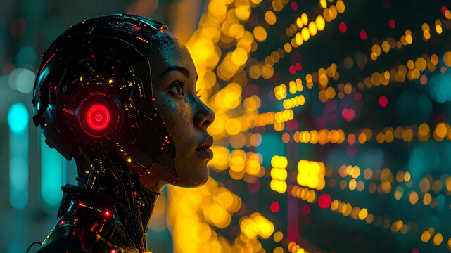 Cyborg woman face profile. Technology head robot circuitry. City light bokeh background. Data network concept. Metaverse identity generation machine intelligence future. Cybernetics android robotics.