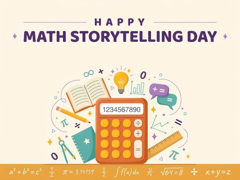 Happy math storytelling day poster with calculator and school supplies for education concept