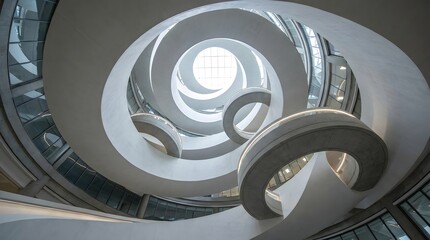 Fototapeta premium Abstract view looking up a modern spiral staircase with white walls and dark metal railings in a building