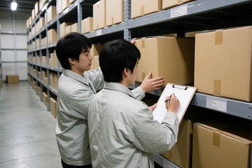 Fototapeta premium 工場で段ボールを数える年末の倉庫作業員 コピースペース