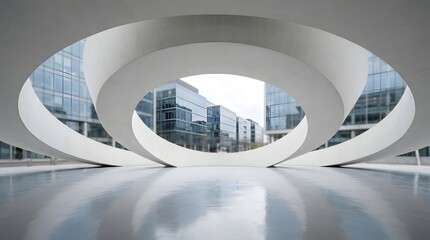 Fototapeta premium Modern architectural design featuring a curved white structure framing a view of contemporary glass office buildings outdoors
