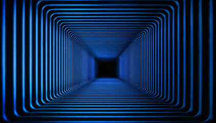 Fototapeta premium Abstract 3D blue neon infinite light tunnel background