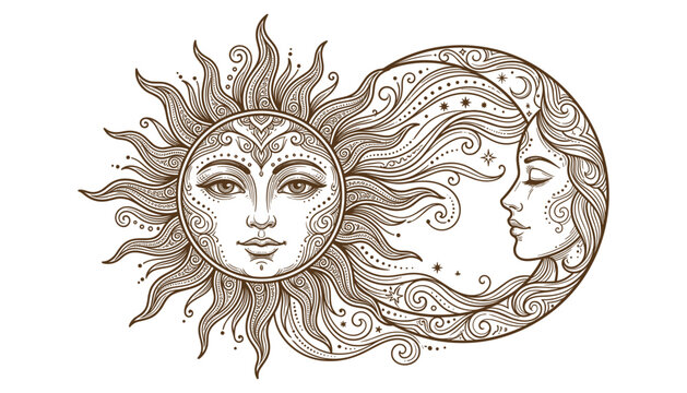 Mystical celestial sun and crescent moon faces vector design for bohemian alchemy tarot card astrology illustration.