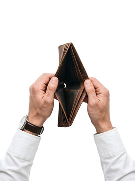 PNG empty brown leather wallet being opened by a man's hands isolated on transparent background