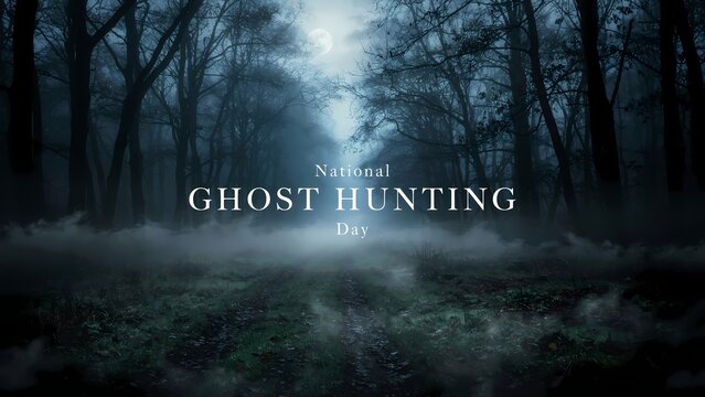 National ghost hunting day sign with glowing light in a dark forest at night