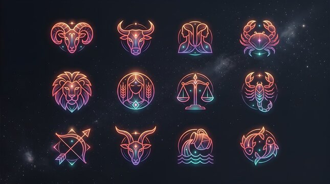 Vibrant neon zodiac sign collection featuring twelve glowing astrological symbols arranged in a grid against a dark starry background with artistic gradient lines and celestial energy.