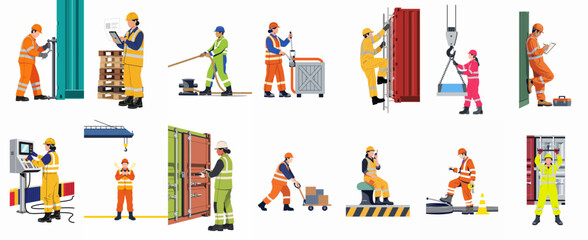Fototapeta premium Large set of diverse industrial and construction worker illustrations wearing high-visibility safety gear, performing various logistics and maintenance tasks on a white background.