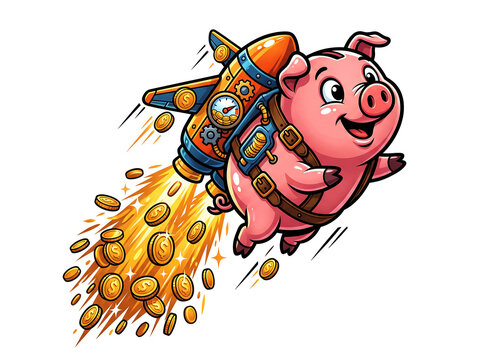 Cartoon pig with rocket pack flying through air with coins, happy character, fun illustration.