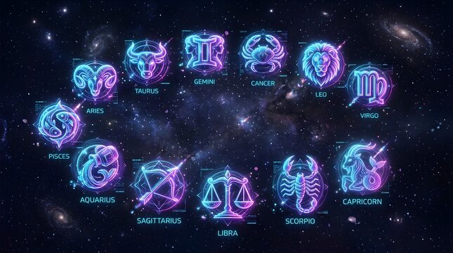 Glowing zodiac wheel featuring twelve intricate astrological signs illustrated in vibrant neon purple and blue colors against a vast deep space galaxy background with distant stars