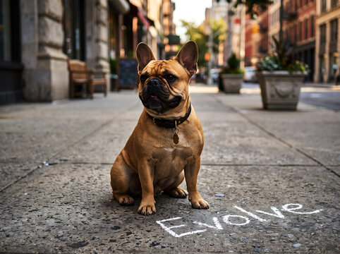 French bulldog sitting on sidewalk with chalk writing spelling evolve, urban street scene, thoughtful pose.