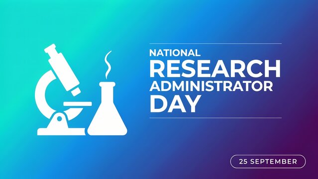 National research administrator day banner with microscope and flask icon on blue gradient background