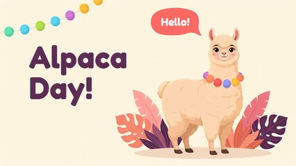Naklejka premium Cute cartoon alpaca with hello speech bubble and festive party decorations for alpaca day celebration