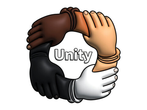 Four diverse hands clasping together forming circle symbolizing unity and diversity with word unity in center.