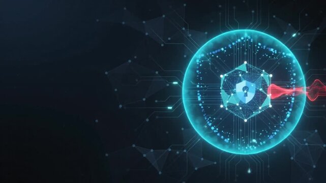 Secure cybersecurity technology background with encrypted data particles, protective scanning waves and glowing network structures in a dark blue digital environment.