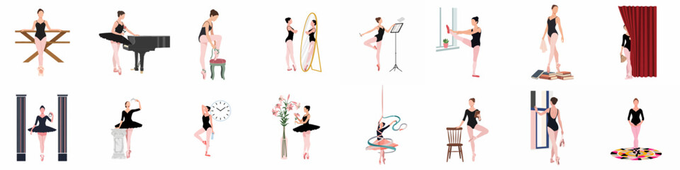 Fototapeta premium Collection of Minimalist Vector Illustrations Depicting a Ballerina in Various Professional and Training Poses Isolated on White Background